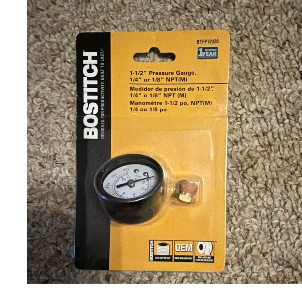 Bostitch 1.5 in Air Pressure Gauge 100 PSI 1/4 or 1/8 NPT Side/Bottom